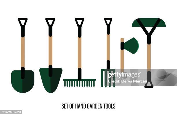 ilustraciones, imágenes clip art, dibujos animados e iconos de stock de horquilla, línea de rastrillo e icono sólido, concepto de jardinería, conjunto de herramientas de jardín manuales para cavar y aflojar el letrero de tierra en el fondo, icono de herramientas de jardín. ilustración de stock de vector - horca artículos de jardín