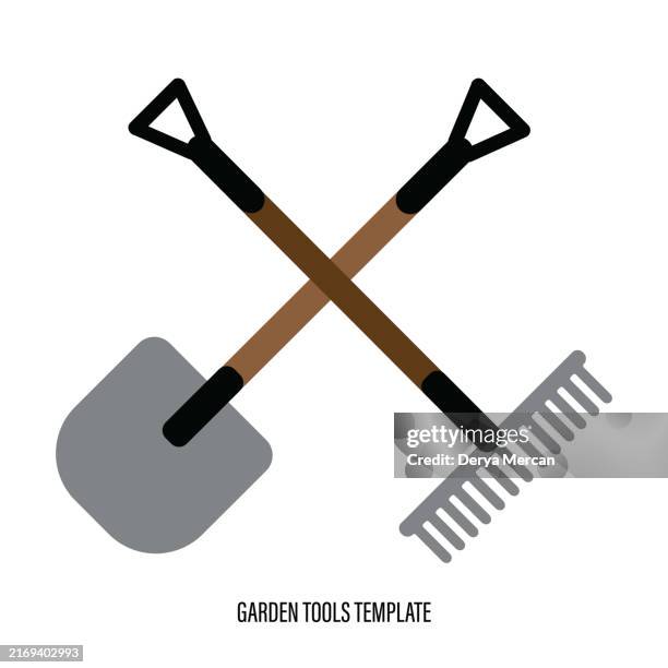 fork, shovel, rake line and solid icon, gardening concept, set of hand garden tools for digging and loosening ground sign on background, garden tools icon. vector stock illustration - holding spatula stock illustrations