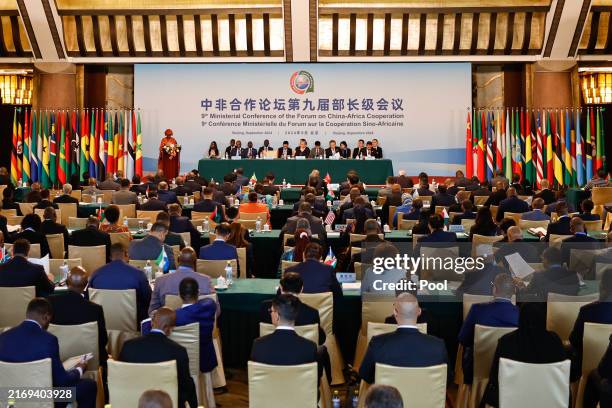 Senegal's Foreign Minister Yassine Fall delivers a speech at the ministerial conference of the 2024 Summit of the Forum on China-Africa Cooperation...