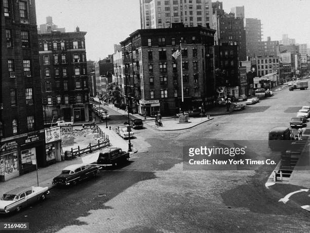 View of McCarthy Square, looking south on Seventh Ave. From the roof of the Village Vanguard nightclub in Greenwich Village, New York City, 1960s.