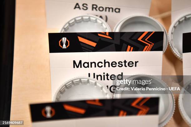 General view of the draw card of Manchester United during the UEFA Europa League 2024/25 League Phase Draw on August 30, 2024 in Monaco, Monaco.
