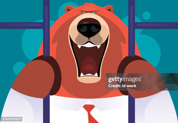 jailed businessman bear holding prison cell bars and roaring - grizzly bear roar stock illustrations