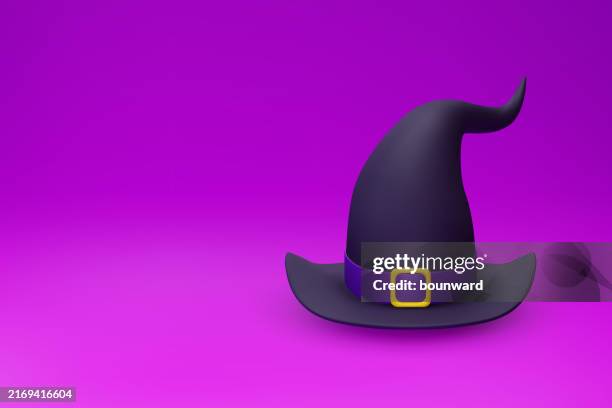 3d witch hat on purple background. vector illustration. - white hat fashion item stock illustrations