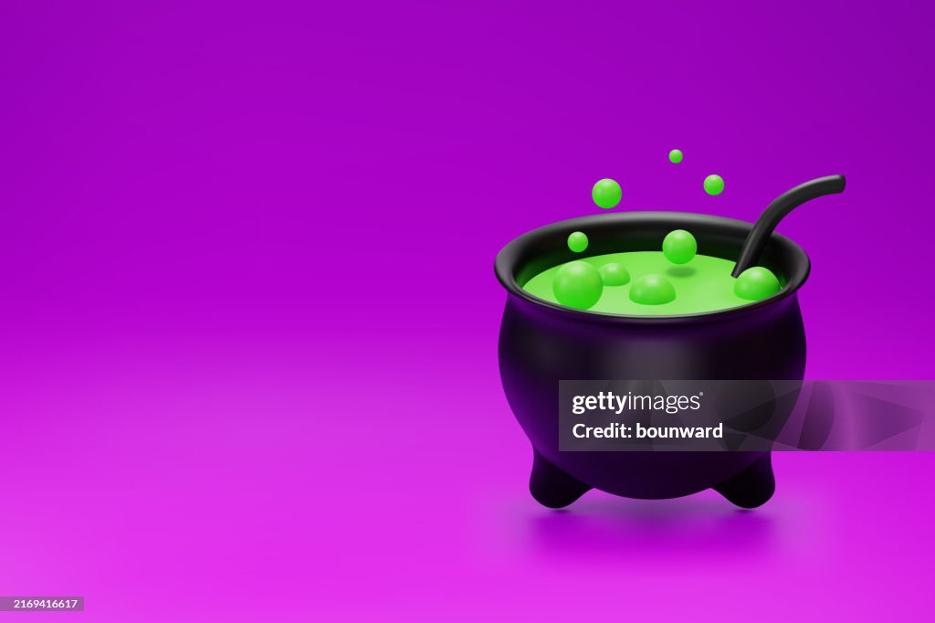 3d Witch cauldron on purple background. Vector illustration.
