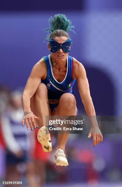 Arjola Dedaj of Team Italy competes during the Women's Long Jump T11 final on day two of the Paris 2024 Summer Paralympic Games at Stade de France on...