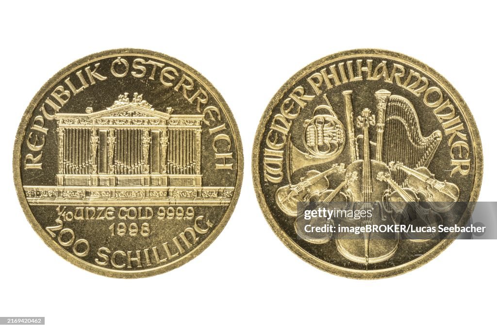 Austrian gold coin from 1998 worth 200 schillings, Vienna Philharmonic, obverse and reverse