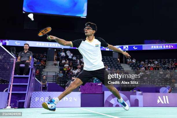Suhas Lalinakere Yathiraj of Team India competes against Kyung Hwan Shin of Team Korea in the Men's Singles SL4 Group Play Stage - Group A Match...