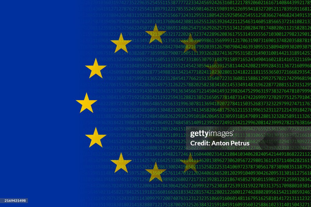 Cybersecurity in the EU. Digital code and EU flag