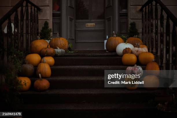autumnal halloween scene with various pumpkins on doorway stoop - halloween stock pictures, royalty-free photos & images
