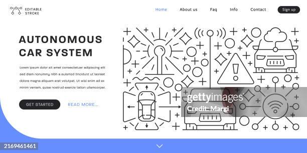 ilustraciones, imágenes clip art, dibujos animados e iconos de stock de plantilla de banner web de diseño de arte lineal del sistema de coche autónomo - autonomous vehicle lidar