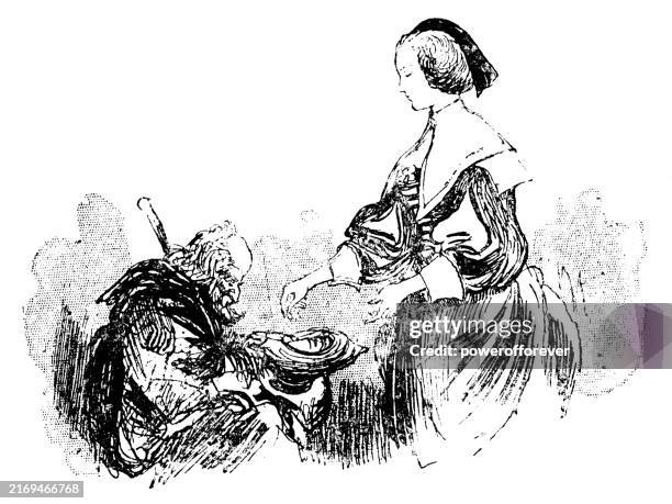 ilustrações de stock, clip art, desenhos animados e ícones de jacobean woman giving money to a blind beggar - 17th century - século xvii