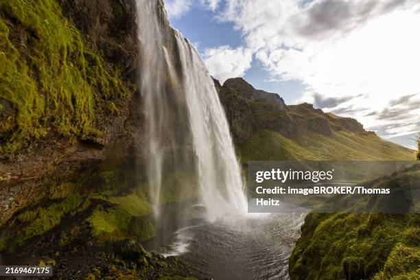view of the seljalandsfoss waterfall in the south of iceland - seljalandsfoss stock illustrations
