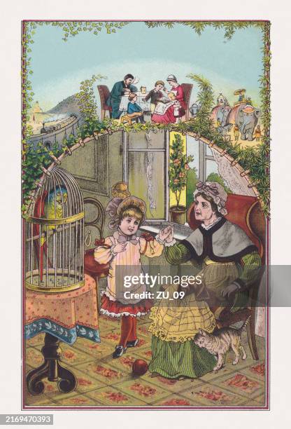 kleines mädchen zu besuch bei der großmutter, chromolithographie, veröffentlicht 1889 - vogelkäfig stock-grafiken, -clipart, -cartoons und -symbole