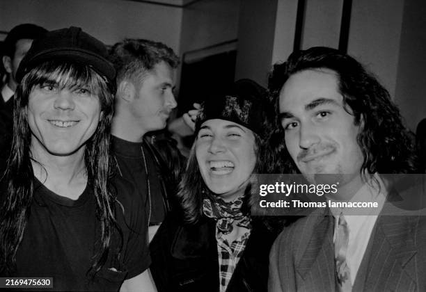 Portrait of, fore from left, American fashion designer Stephen Sprouse , stylist Elizabeth Saltzman, and promoter Brent Bolthouse at an unspecified...