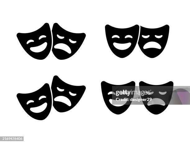 ilustrações, clipart, desenhos animados e ícones de design vetorial de conjunto de ícones de máscara de carnaval. conjunto de máscaras teatrais de tragédia e comédia - arte cultura e espetáculo