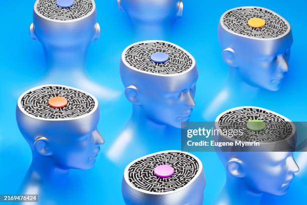 3d human heads and maze. a metaphor for collaborative problem-solving. - human head stock pictures, royalty-free photos & images
