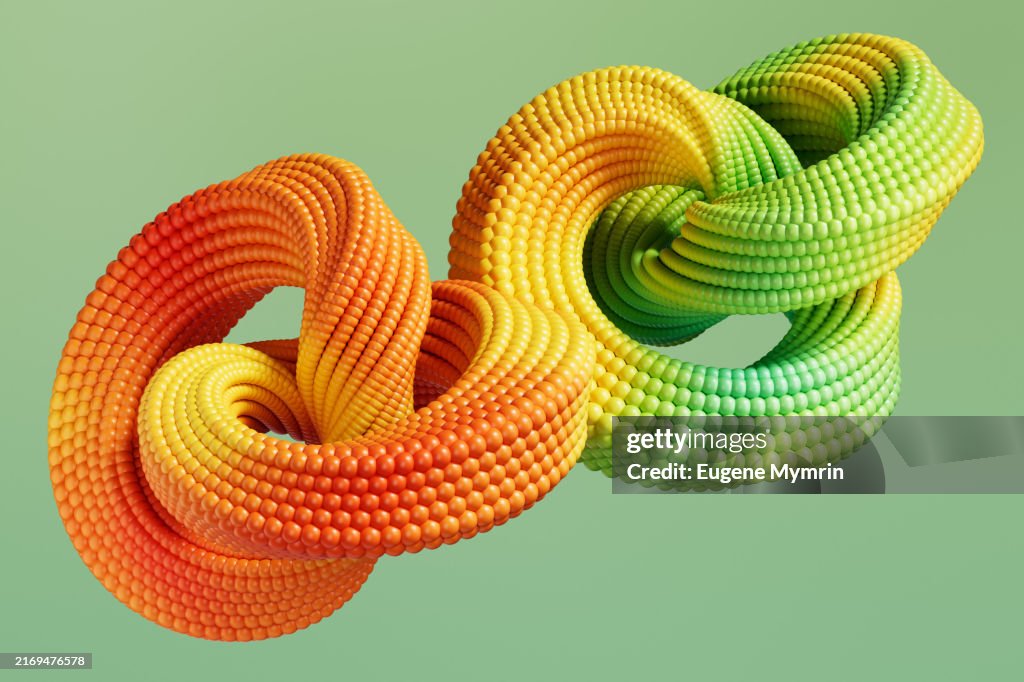 3D Abstract Background with Colored Torus-Shaped Structures. Dynamic Creativity.