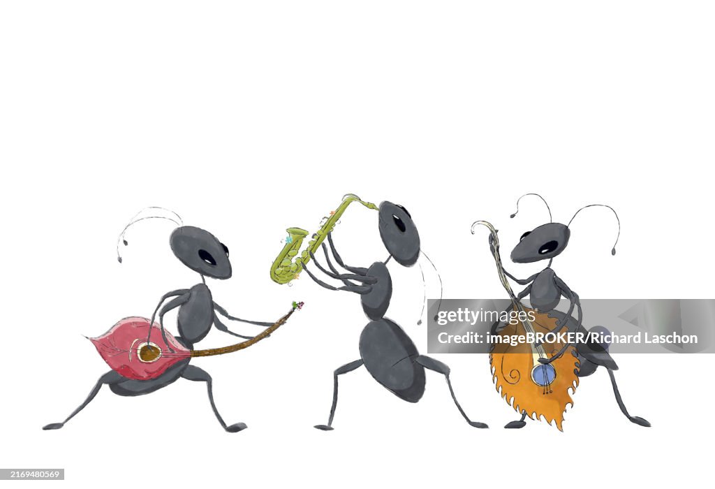 Watercolor sketch fantasy drawing of three ants playing music, book character drawings isolated over white background