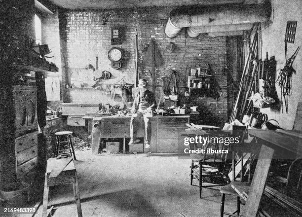 antique photograph: workshop, st louis - old science lab stock illustrations