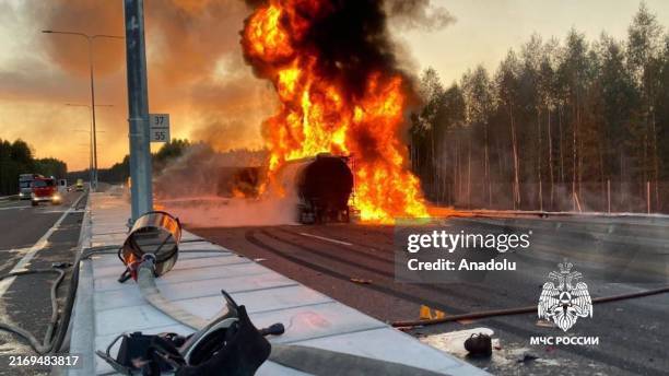 Flames erupt after a fuel tanker catching fire following a fatal accident in Russia's Tver region on September 3, 2024. The collision involved a...