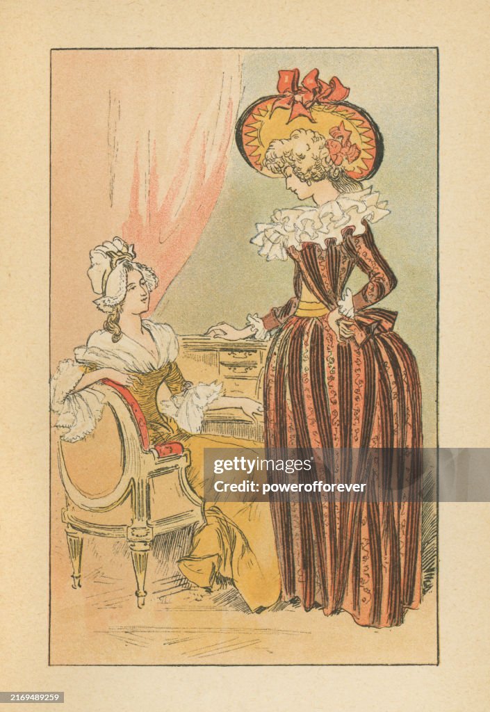 Georgische Mode der 1790er Jahre, Damen-Rokokokleid mit Caraco-Jacke und Bergère-Hut - 18. Jahrhundert