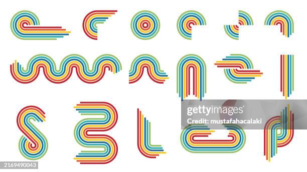 vintage coloured 1970s style lines set - retro 80s graphics stock illustrations