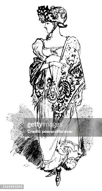 1800s regency fashion, ladies empire dress with kashmir shawl, reticule bag, and capote bonnet - 19th century - regency style stock illustrations