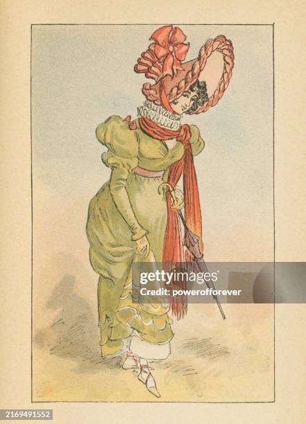 ilustraciones, imágenes clip art, dibujos animados e iconos de stock de moda de la regencia de la década de 1810, vestido imperio de damas con mangas largas abullonadas y sombrero pamela bonnet - siglo xix - manga jamón