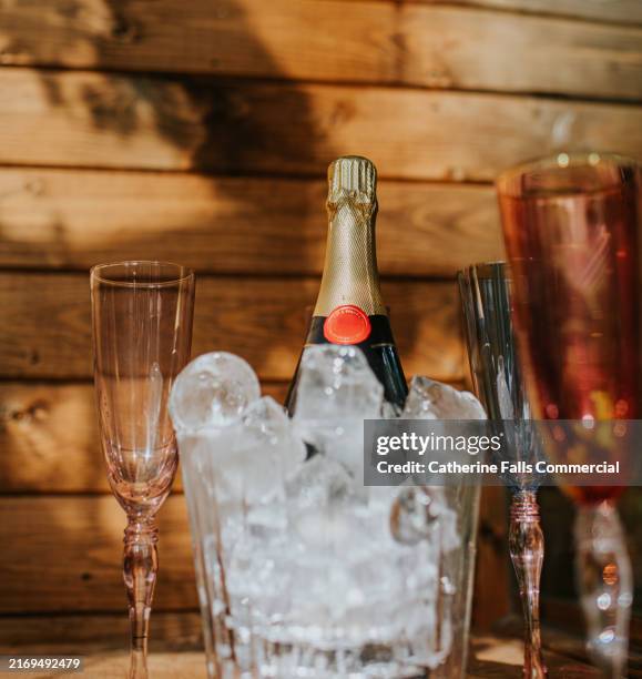 chilled champagne elegantly displayed in a glass ice bucket surrounded by modern, coloured, crystal flutes on a rustic wooden surface - campania stock pictures, royalty-free photos & images