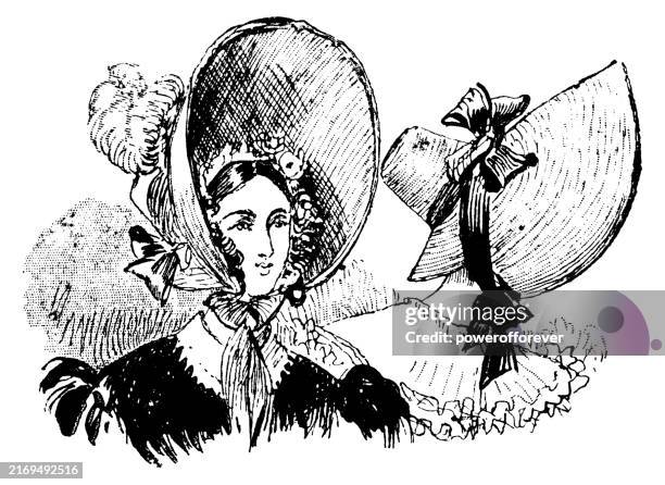 1830s french restoration fashion, ladies leghorn straw bonnets - 19th century - bonnet hat stock illustrations