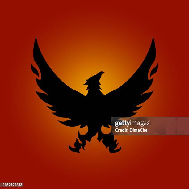 phoenix bird silhouette on fire - vector fiery phoenix bird icon, badge, sticker - national icon stock illustrations