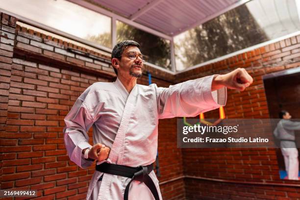 karate instructor explaining during lessons at gym - karate kick man stock pictures, royalty-free photos & images