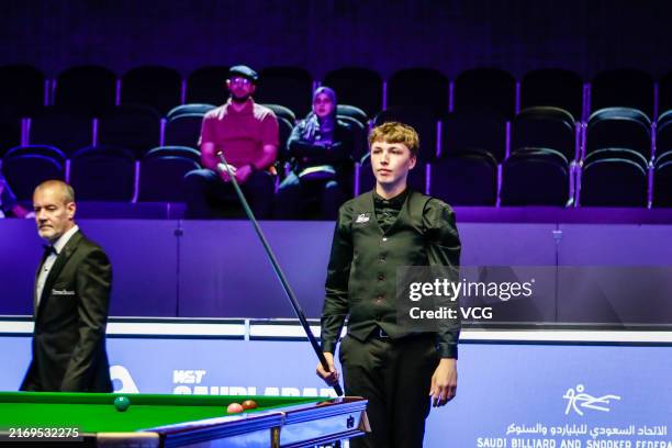 Ben Mertens of Belgium reacts in the round 1 match against Abdullah Alotayyani of Saudi Arabia on day one of 2024 Saudi Arabia Snooker Masters at...