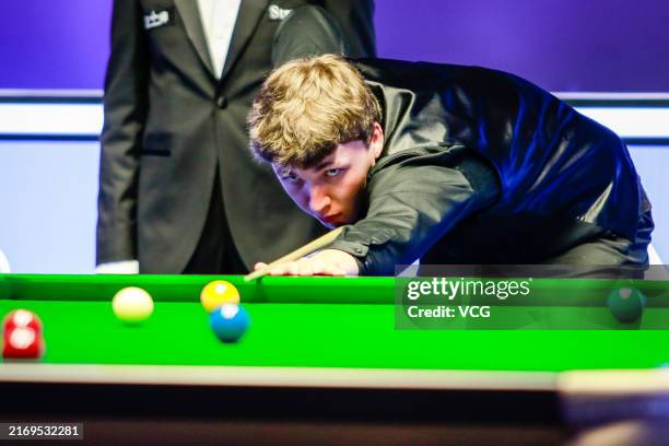 Ben Mertens of Belgium plays a shot in the round 1 match against Abdullah Alotayyani of Saudi Arabia on day one of 2024 Saudi Arabia Snooker Masters...
