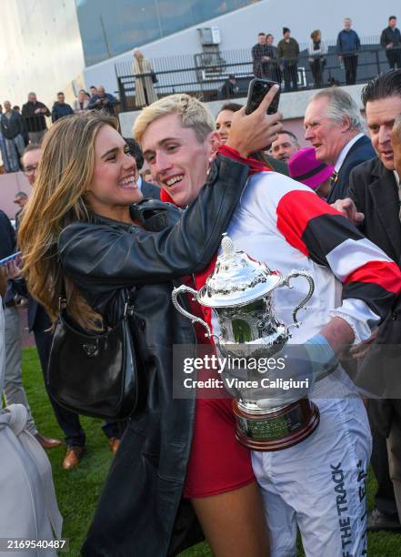 Ben Allen is congratulated by Delainey Mary after riding Pinstriped to win Race 9, the Stow Storage Memsie Stakes - Betting Odds during Melbourne...