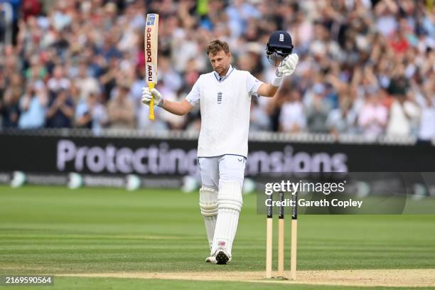 Joe Root of England celebrates reaching his century during the 2nd Test Match between England and Sri Lanka at Lord's Cricket Ground on August 31,...