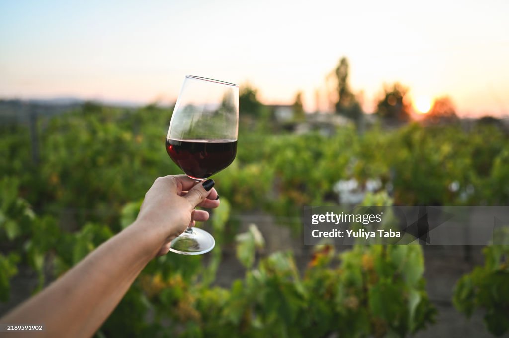 Mulher desfrutando do pôr do sol com um copo de vinho tinto.