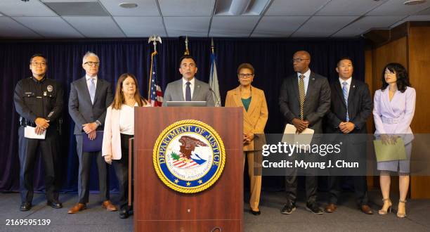 Left to right: LAPD Chief Dominic Choi; LA County District Attorney George Gascon; LA City Attorney Hydee Feldstein Soto; US Attorney Martin Estrada;...