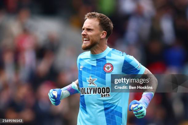 Mark Flekken of Brentford react during the Premier League match between Brentford FC and Southampton FC at Gtech Community Stadium on August 31, 2024...