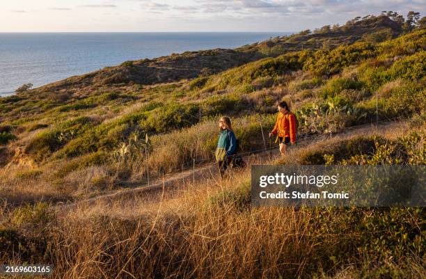 zwei frauen wandern zusammen im torrey pines state park in san diego, kalifornien - südkalifornien stock-fotos und bilder