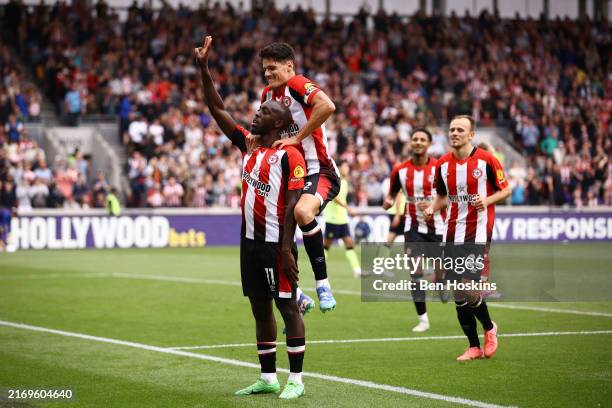 Yoane Wissa of Brentford celebrates scoring his team's third goal during the Premier League match between Brentford FC and Southampton FC at Gtech...