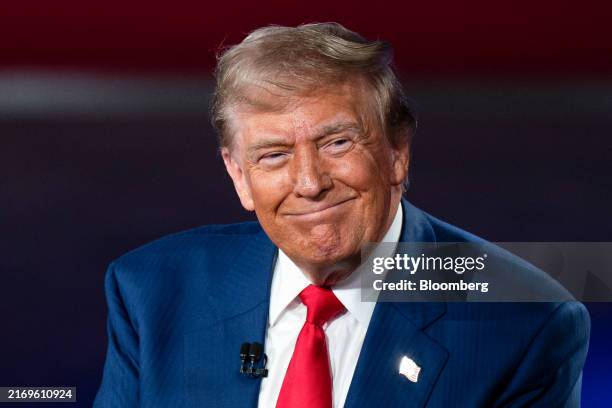 Former US President Donald Trump during a Fox News Town Hall with Sean Hannity, host of the Sean Hannity Show, not pictured, at New Holland Arena in...