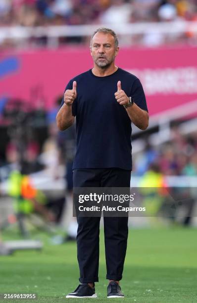 Hansi Flick, Head Coach of FC Barcelona, reacts during the La Liga match between FC Barcelona and Real Valladolid CF at Camp Nou on August 31, 2024...