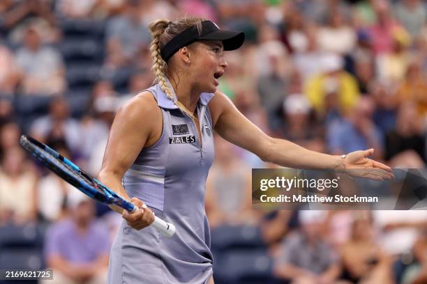 Yulia Putintseva of Kazakhstan reacts against Jasmine Paolini of Italy during their Women's Singles Third Round match on Day Six of the 2024 US Open...