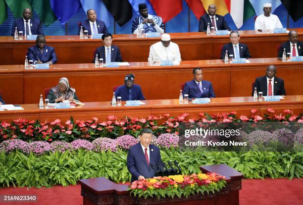Chinese President Xi Jinping addresses the opening ceremony of a summit of the Forum on China-Africa Cooperation at the Great Hall of the People in...