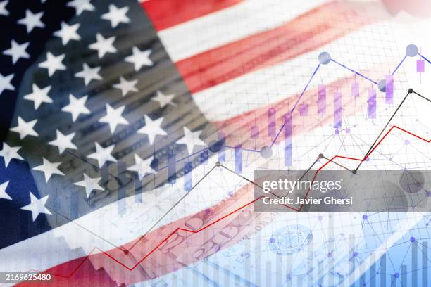 usa flag, cash dollar bills and stock market indicators - economy graph - economy stock pictures, royalty-free photos & images