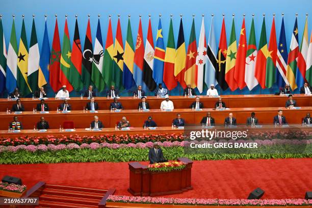 Chairperson of the African Union Commission Moussa Faki Mahamat speaks at the opening ceremony of the Forum on China-Africa Cooperation in Beijing's...