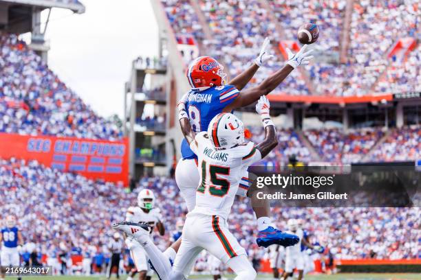 Arlis Boardingham of the Florida Gators attempts to catch a pass against Markeith Williams of the Miami Hurricanes during the first half of a game at...
