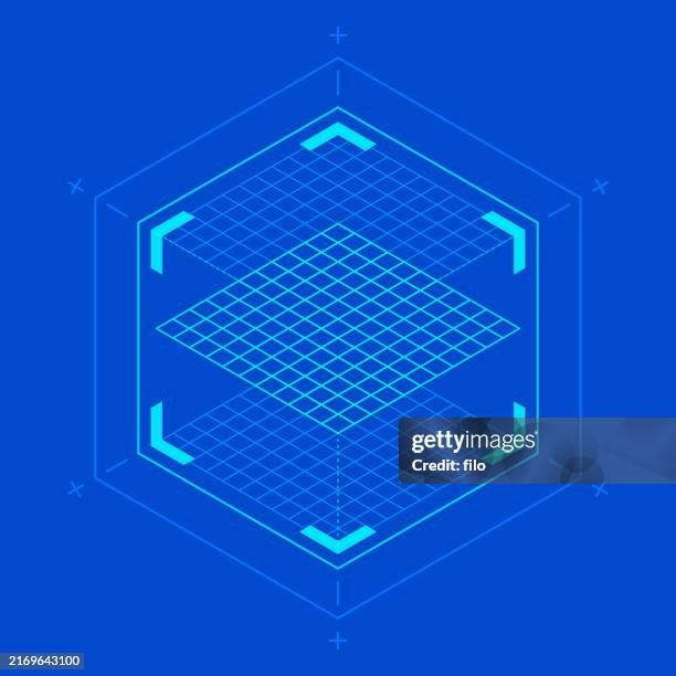 illustrazioni stock, clip art, cartoni animati e icone di tendenza di blueprint 3d cube grid design di sfondo moderno - assonometria