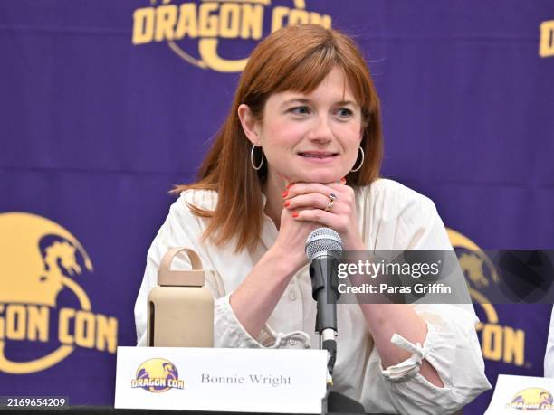 Actress Bonnie Wright speaks onstage during "Live from the Gryffindor Common Room" session during the 2024 Dragon Con at Atlanta Marriott Marquis on...